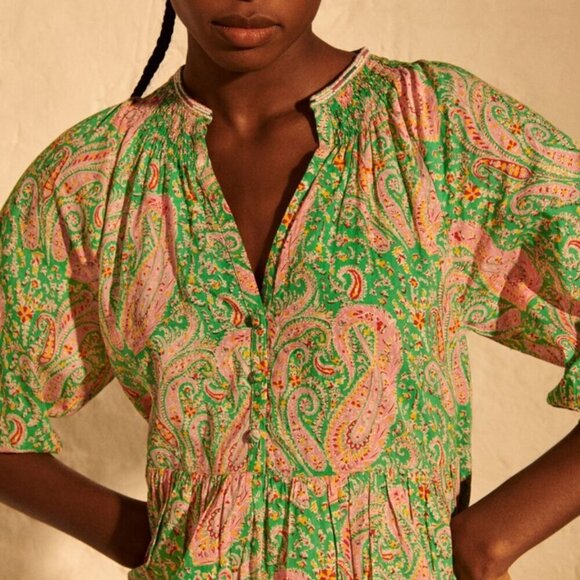 💕BA&SH💕 Odeon Robe Dress ~ Vert Green Paisley Print Large - Picture 4 of 16